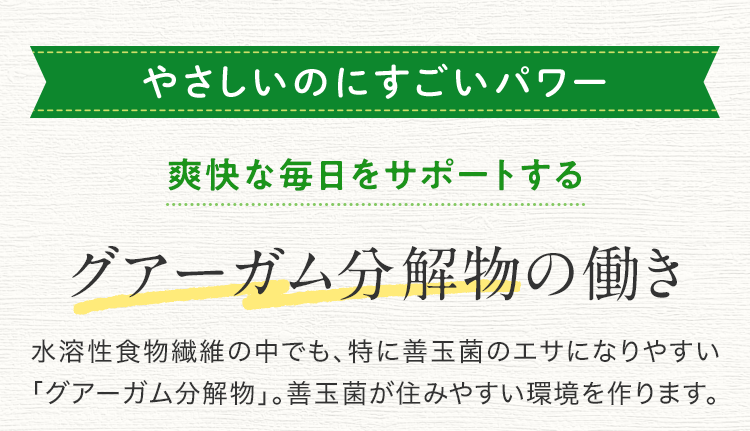 やさしいのにすごいパワー 爽快な毎日をサポートする グアーガム分解物の働き 水溶性食物繊維の中でも、特に善玉菌のエサになりやすい「グアーガム分解物」。善玉菌が住みやすい環境を作ります。